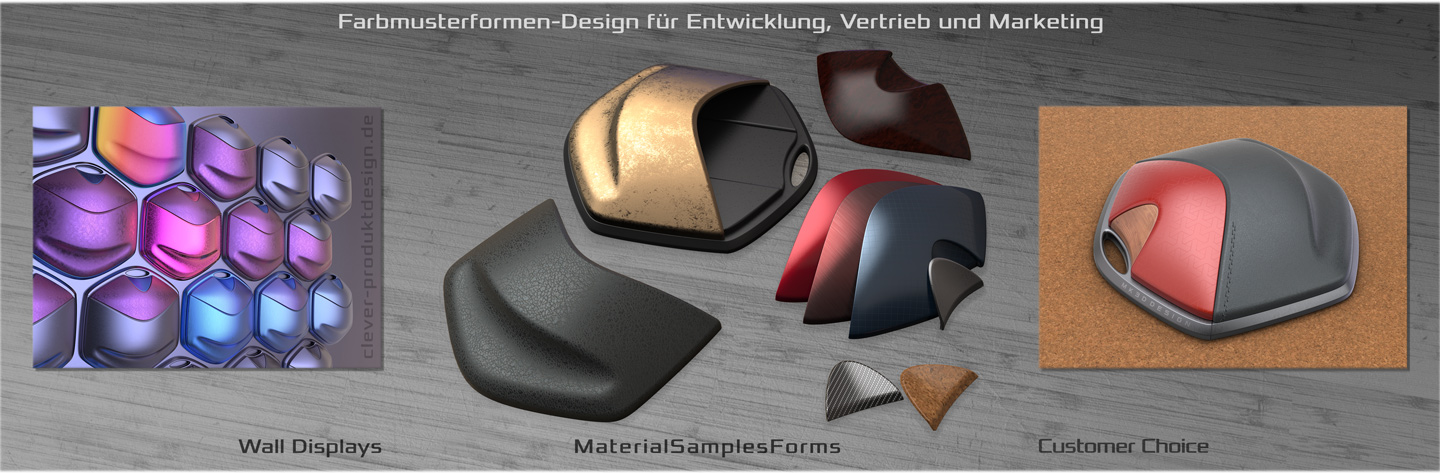 Farbmuster-Form; Color-Frog; Lacke; Leder; Holz und Textilien visualisiert in KeyShot