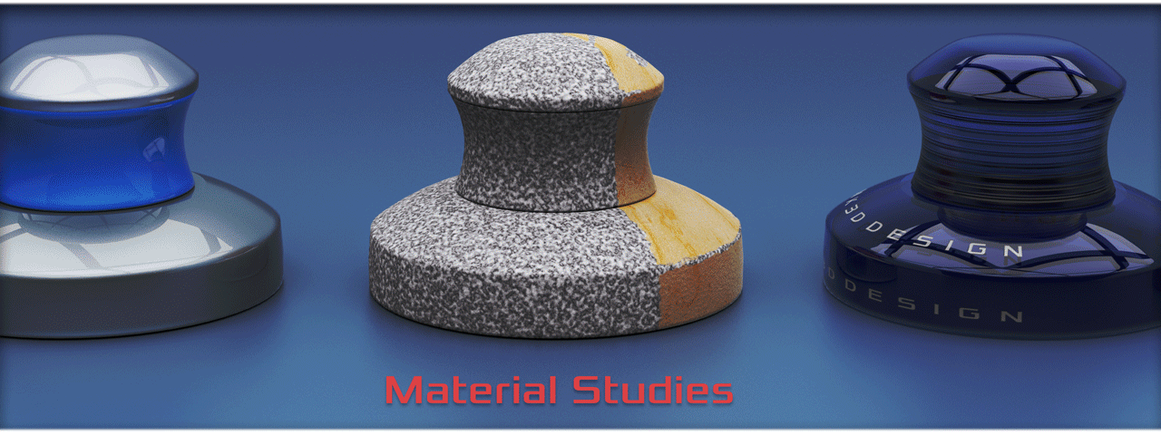Material studies, renderings of metal, wood, glass, sponge