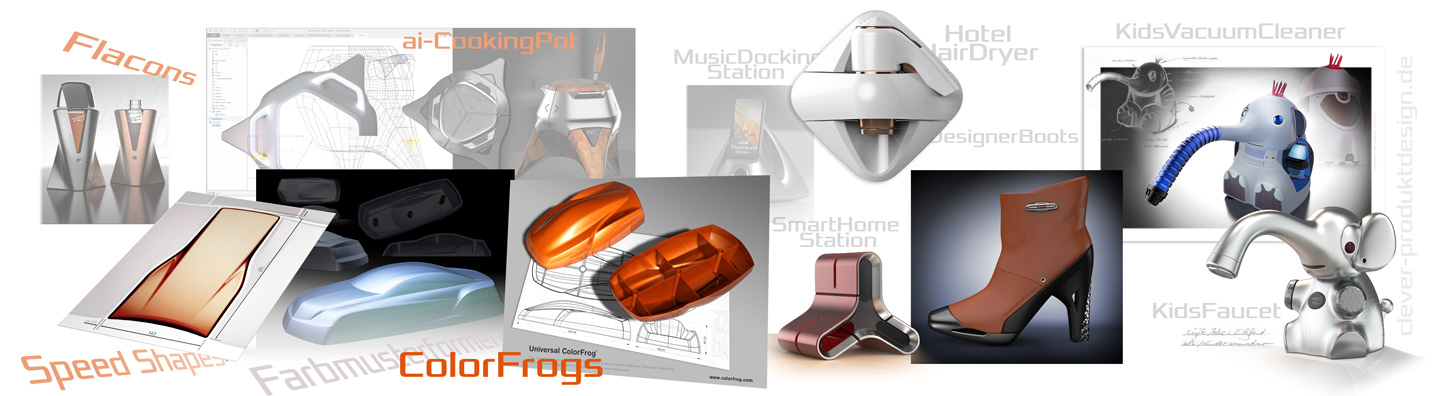 Color-Frogs, Speed-Shapes, AI-Stations, Boots, Products designed by Thomas Clever