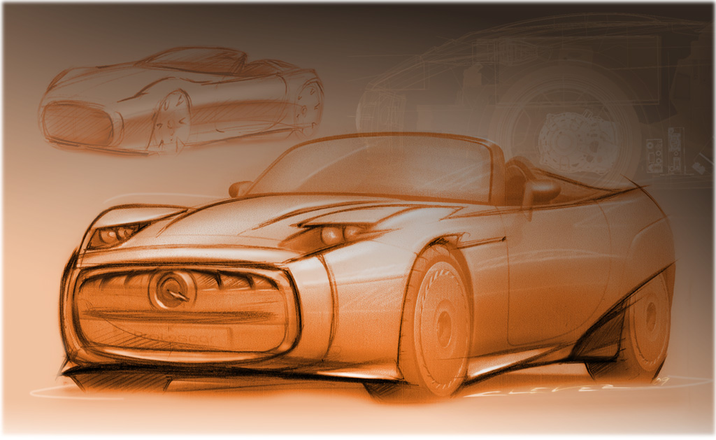 Entwurfsskizzen von dem Designer Thomas Clever für den elektrischen Roadster Lampo2 der Firma Protoscar