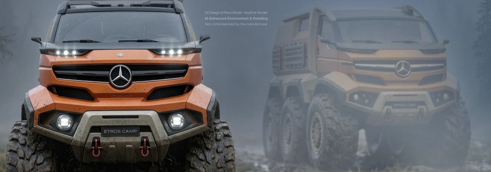Hochgeländefähiger Multiuse-LKW Konzeptstudie, nebeliges Ambiente, Offroad-Fahrzeugdesign, Thomas Clever