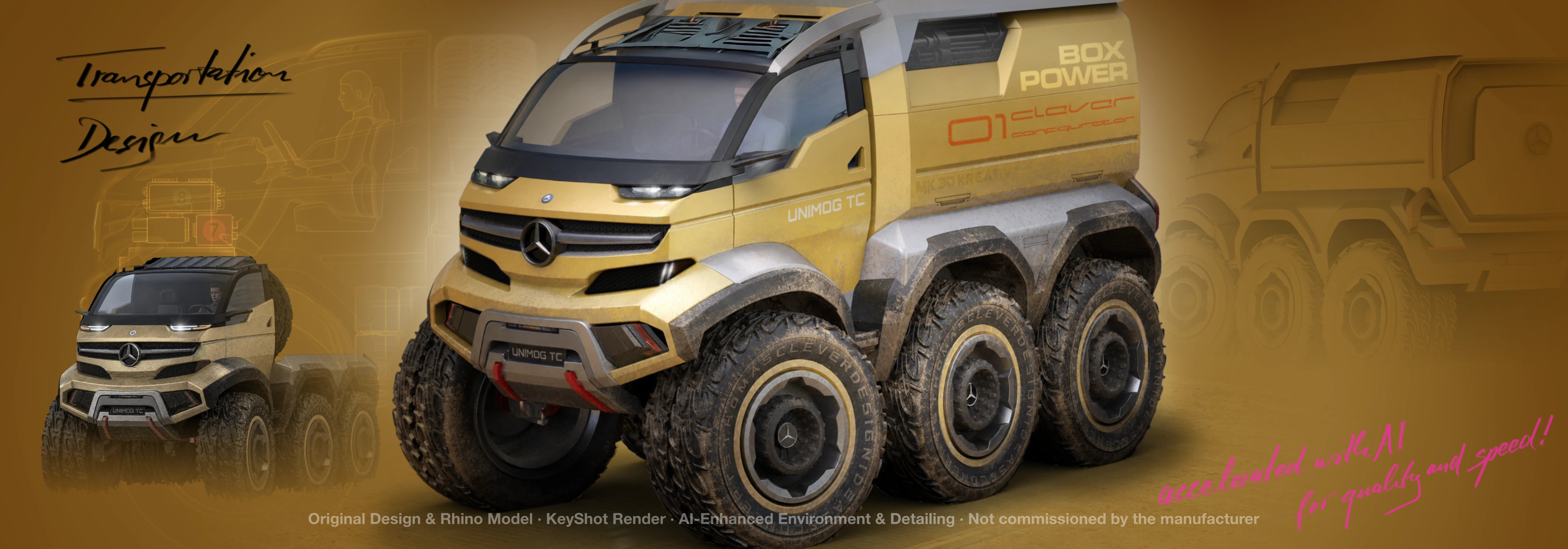 Elektrischer Mini-MultiUse-Truck – Konzeptdesign von Thomas Clever. Hybrider Workflow aus menschlicher Skizze und KI-Unterstützung.